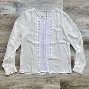 Long Sleeve Off White Flowy Blouse with High Neck and Broderie anglaise